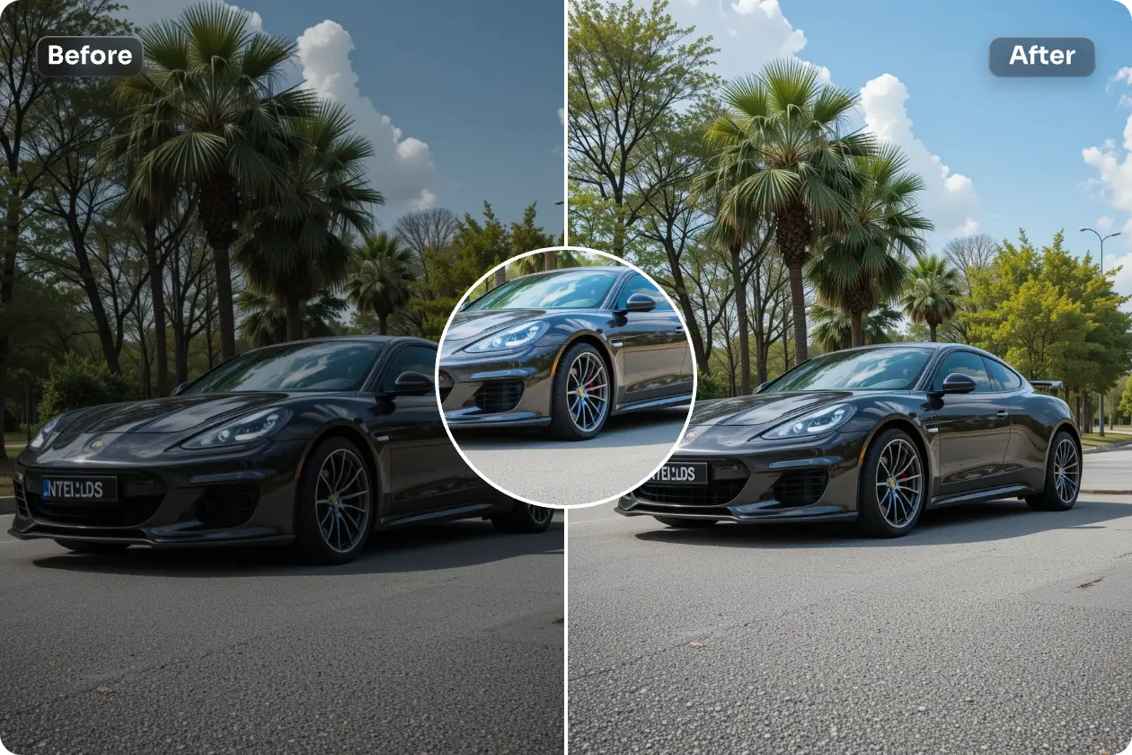 ぼやけた車の写真が、ai easyを使うと鮮明になる。