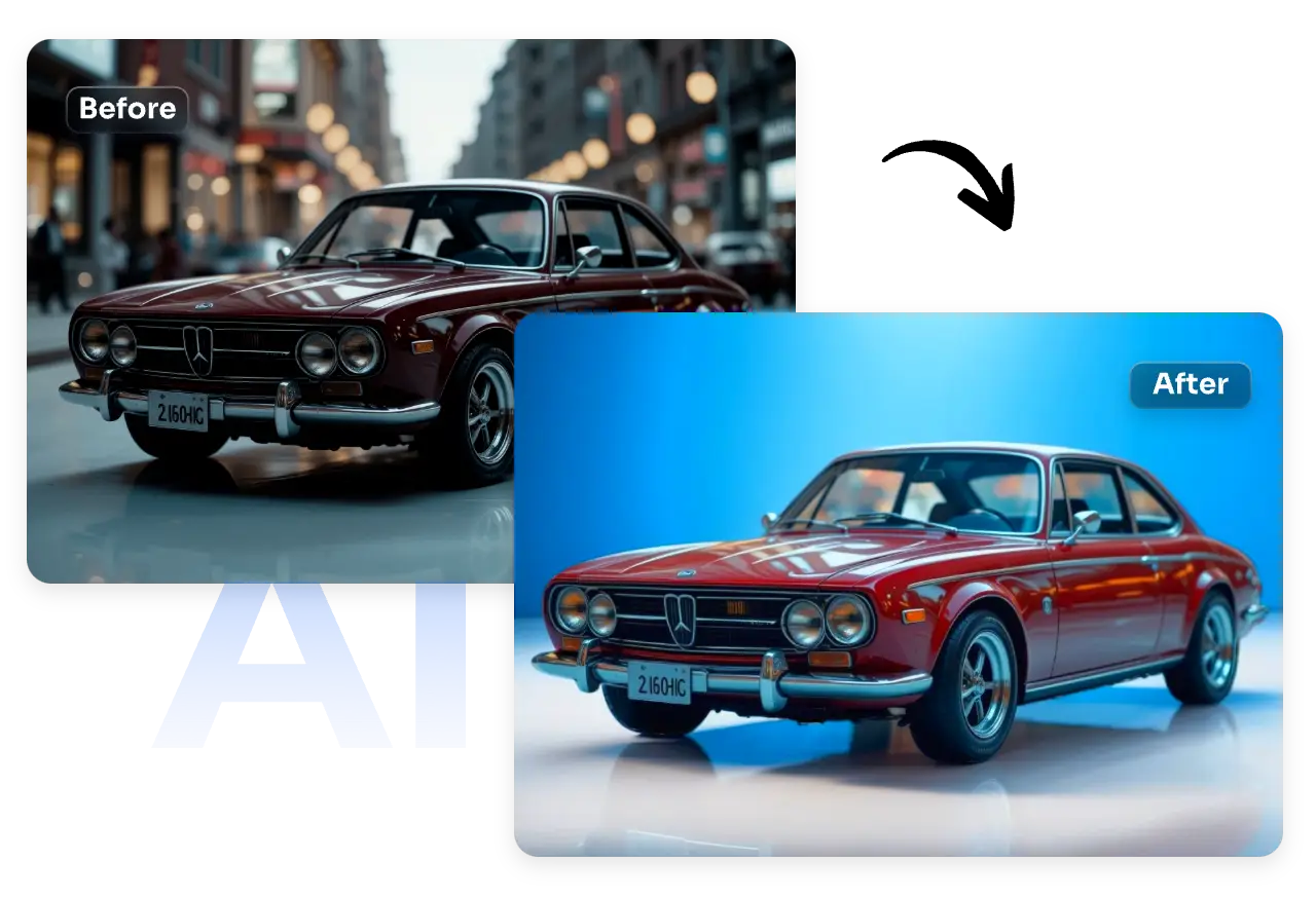 新しい背景で鮮明になった車の写真のビフォー・アフター比較