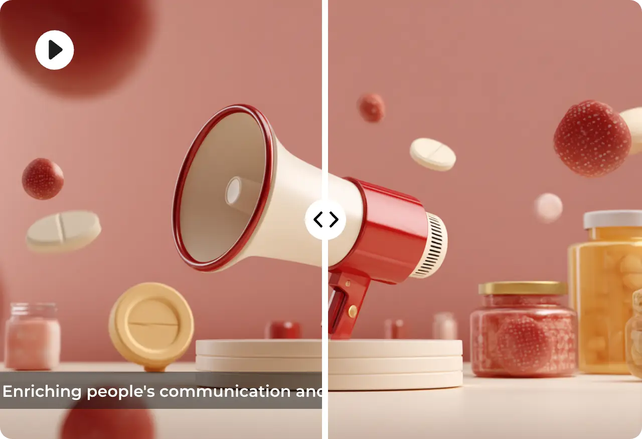 before and after contrast for removing subtitles from the advertisement with a pink background and megaphone