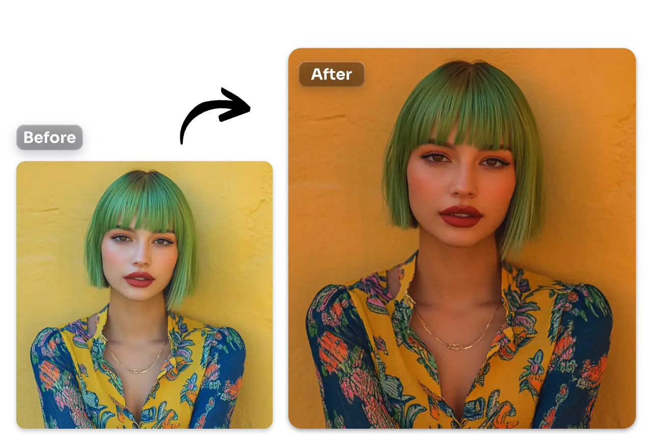 before and after contrast of adding a photo effect to a girl portrait with green hair