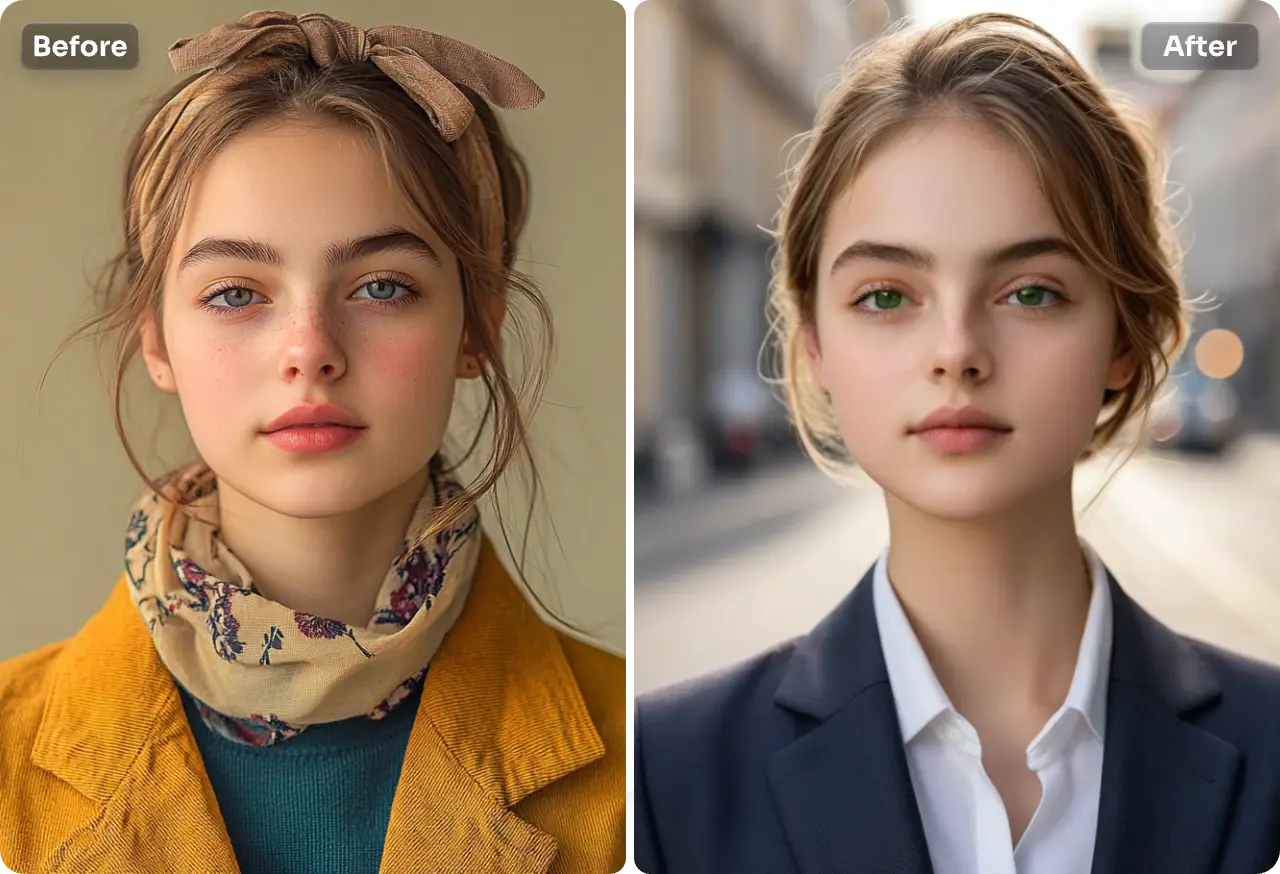contraste antes y después de añadir suite a una imagen de chica con chaqueta amarilla