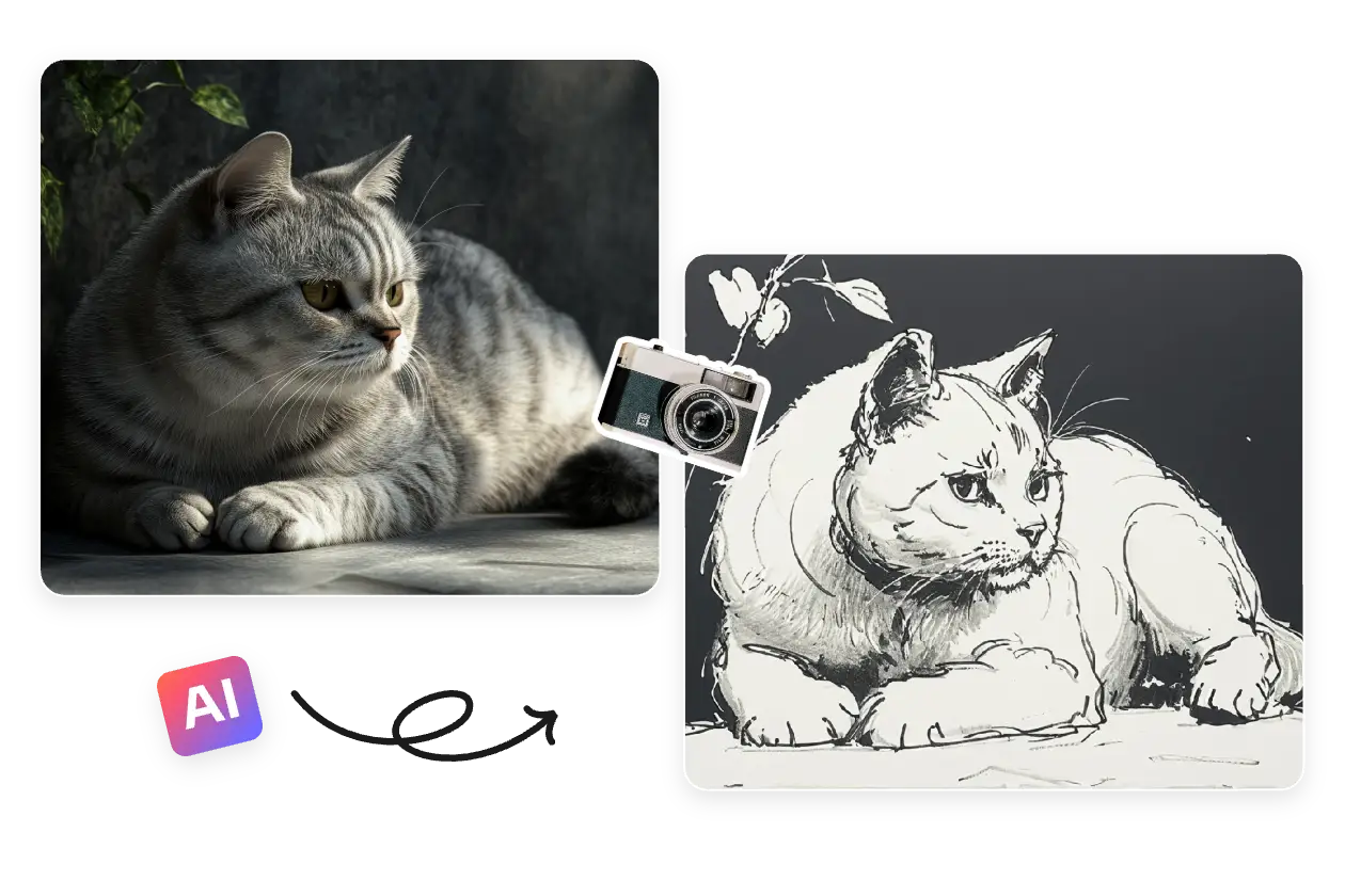 contrasto prima e dopo la trasformazione di un simpatico gatto in stile disegno al tratto in aiease