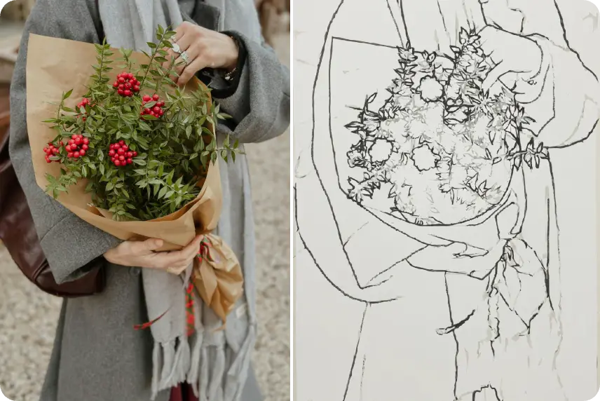 contrasto prima e dopo la trasformazione di una foto di una donna che tiene dei fiori in un disegno al tratto