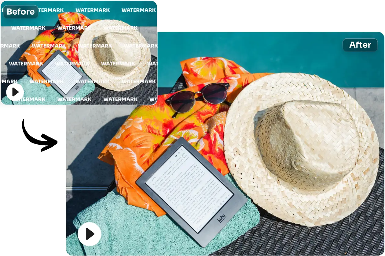 before and after effect of removing full screen text watermark from video in AI Ease