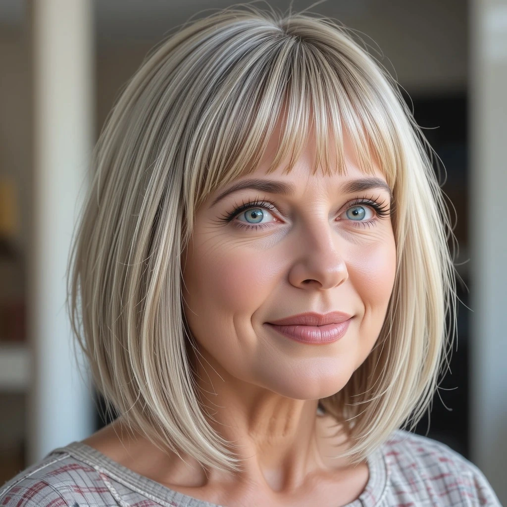 ミディアムヘア、前髪あり、60歳以上の女性のためのヘアスタイル