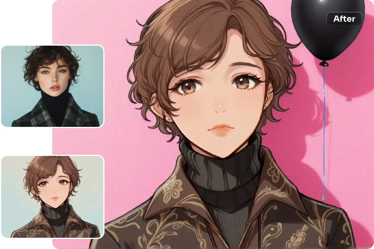 cartoonize a female model portrait and change the background to pink color