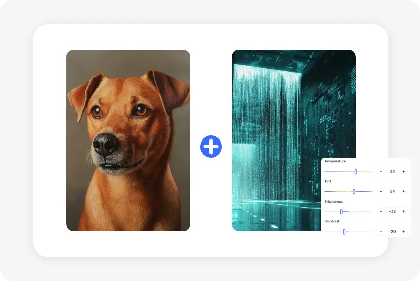 combina una imagen de un perro con una foto de un paisaje para hacer un efecto de doble exposición en aiease