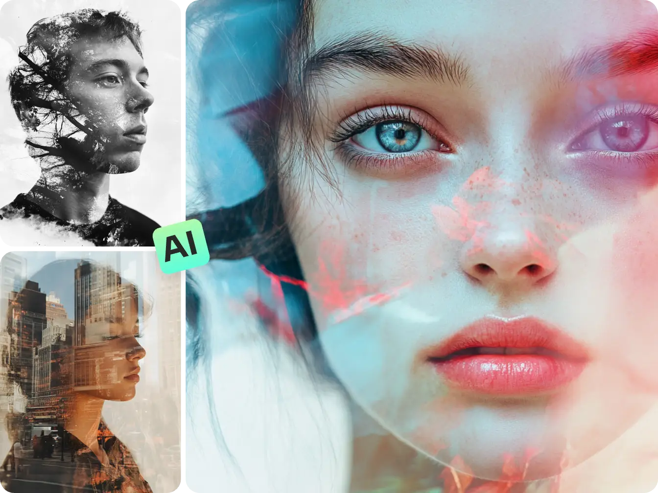 combinar dos imágenes de una mujer y un hombre retrato para hacer efecto de doble exposición en aiease