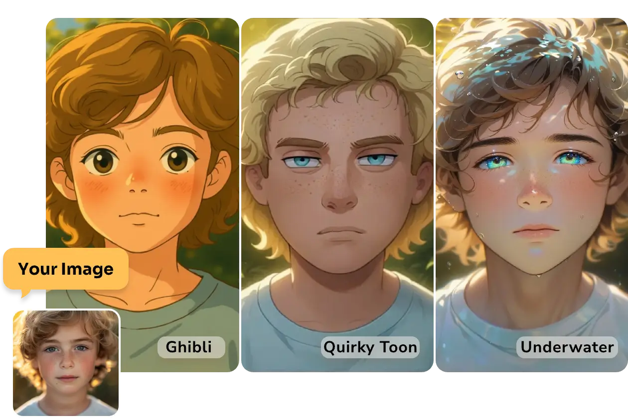 convert a boy photo into ghibli quirky toon and underwater style in aiease ai boy generator