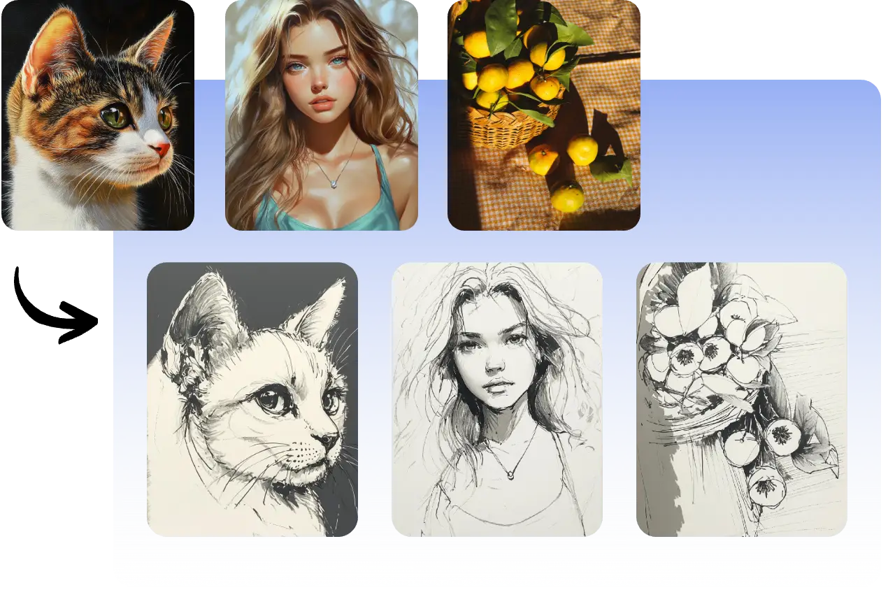 Convertire un gatto, una giovane donna e una foto di un paesaggio in un disegno in bianco e nero in aiease