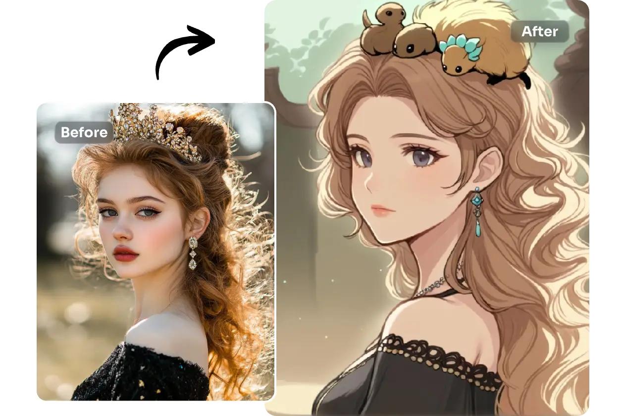convert a fashion lady wearing diamond crown portrait into a cartoon style