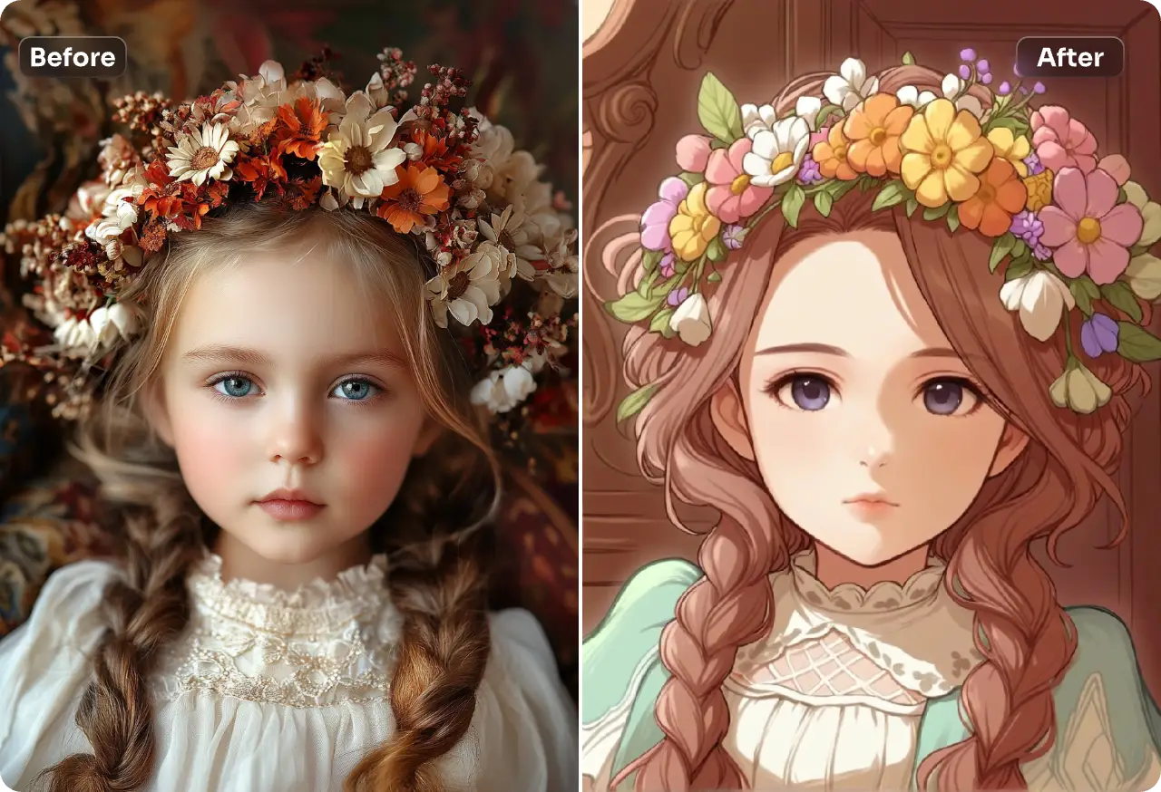 convert a little girl wearing wreath on head portrait into cartoon style