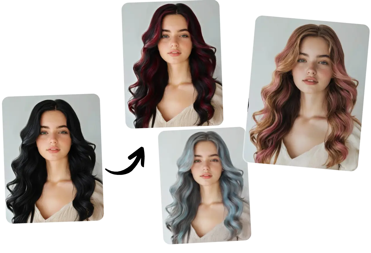convert a woman's black hair inro diverse hair highlights look by customizing desired highlights colors from text