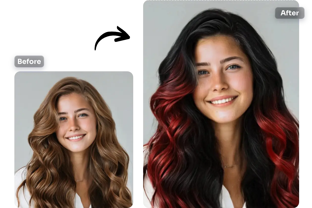 convert a woman's brown curly hair into black hair color with red highlights using ai ease free highlights filter