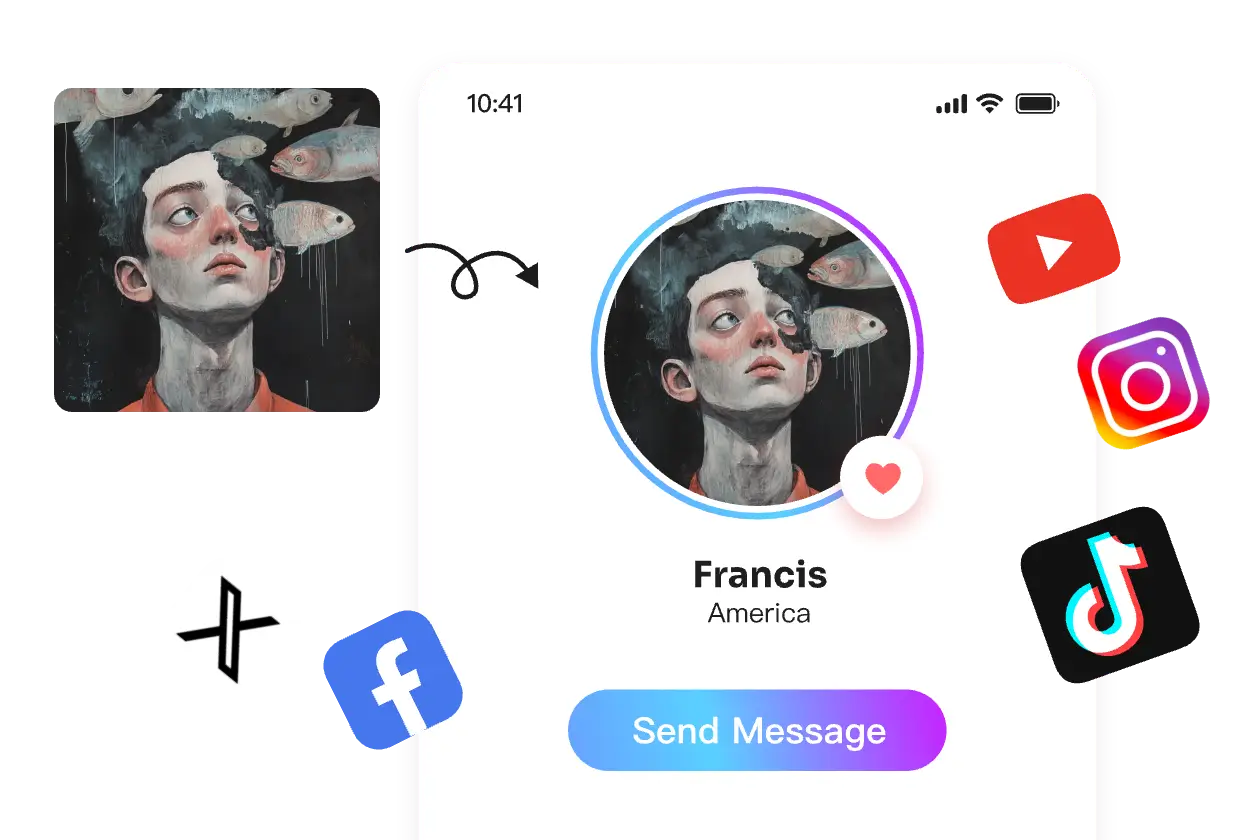 create a boy image and use as social media profile picture with youtube ins tiktok facebook and x icons