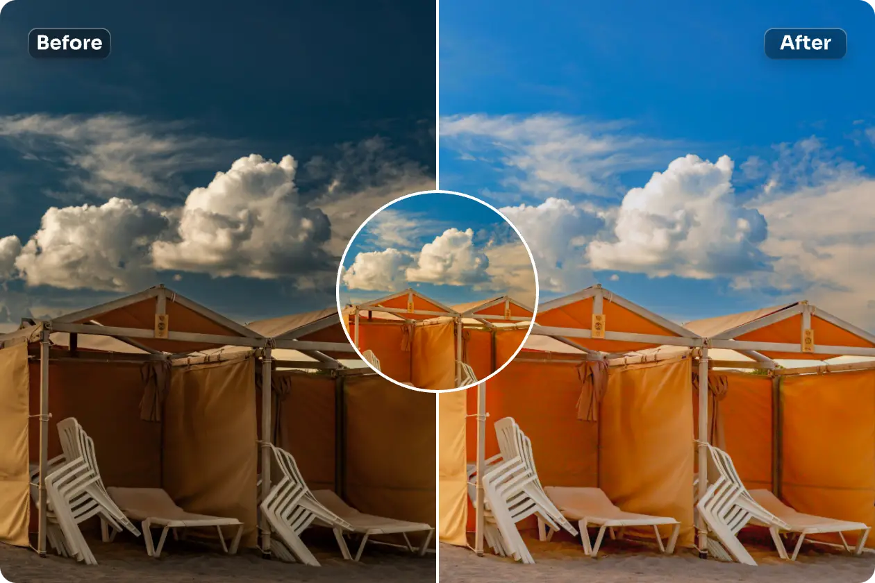 die Beleuchtung von zwei Stühlen am Strand durch automatische Bildverbesserung zu verbessern