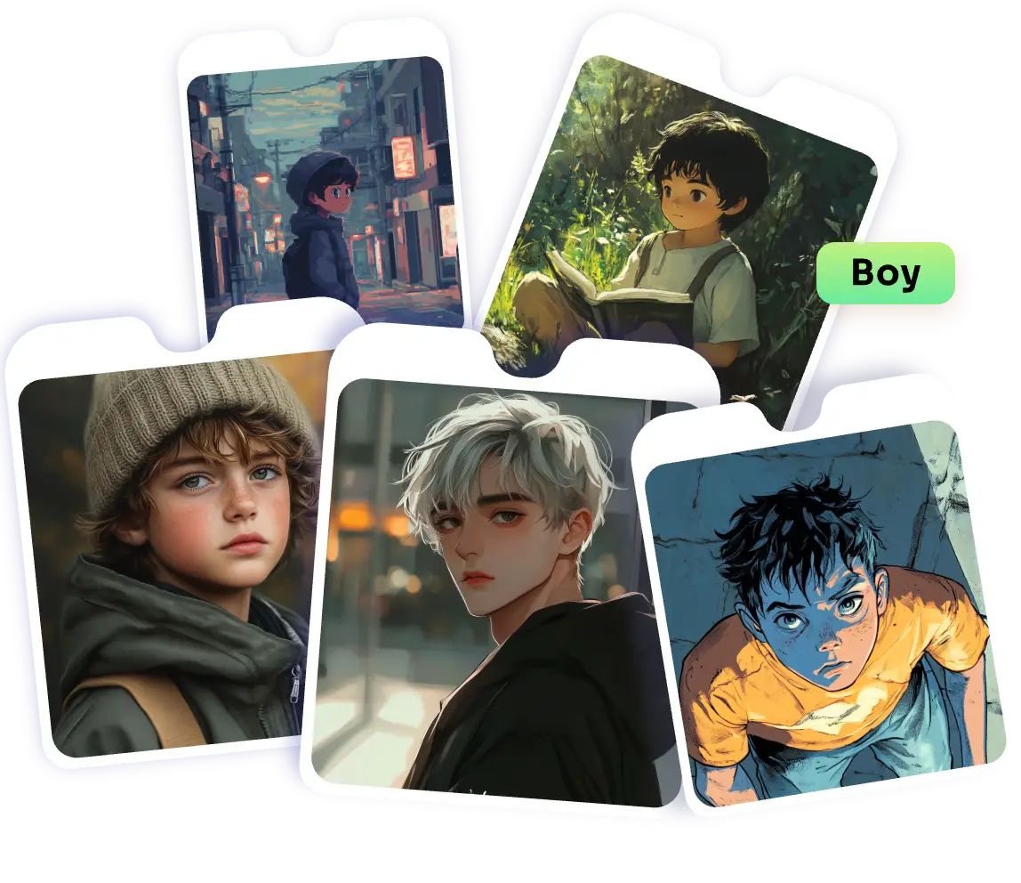five stylish ai boy images in different styles made in aiease ai boy generator
