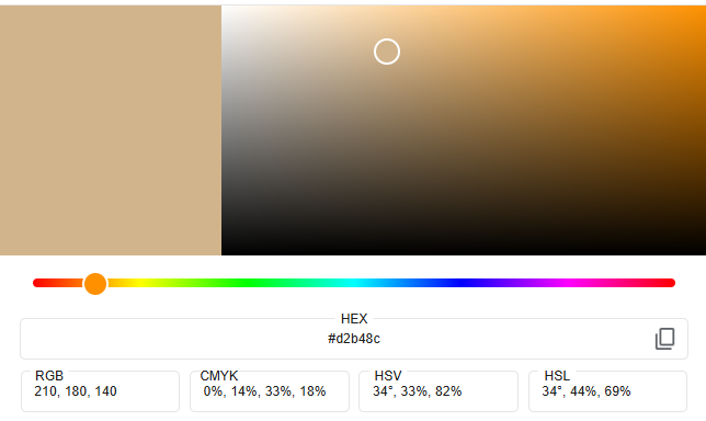 hex code, RGB, and HSL of tan color