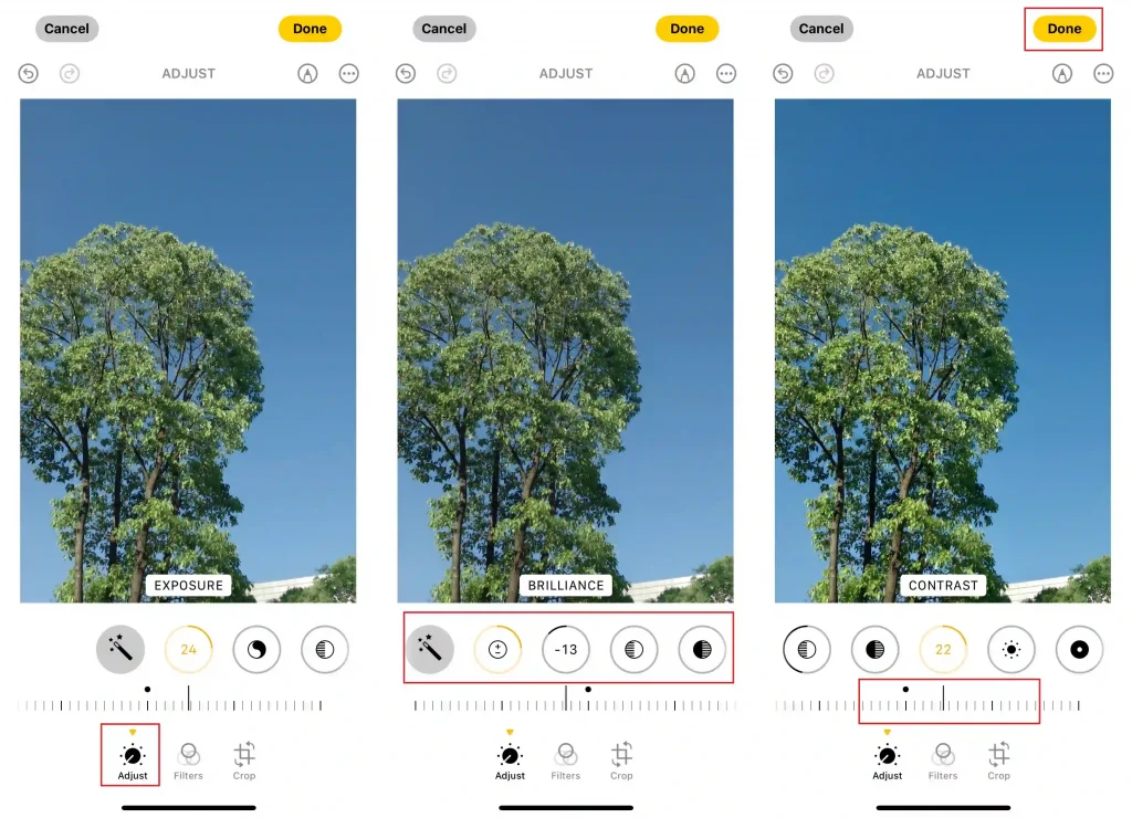 como ajustar a exposição, o brilho e os contrastes de uma fotografia no iphone