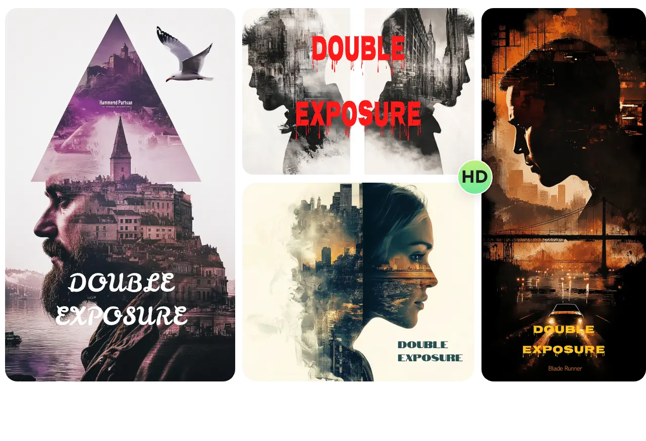 haga cuatro carteles de películas y portadas de discos con efecto de doble exposición en aiease