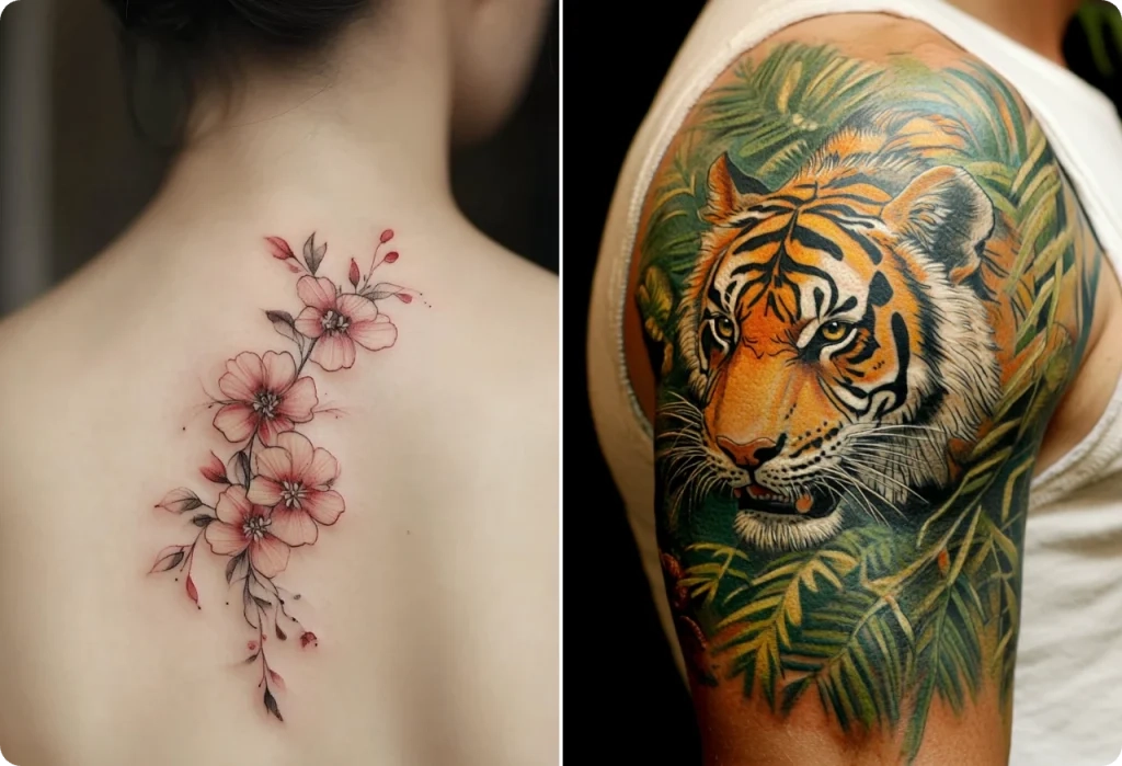 Neo-traditional deisgn for flower and lion tattoo cover ups