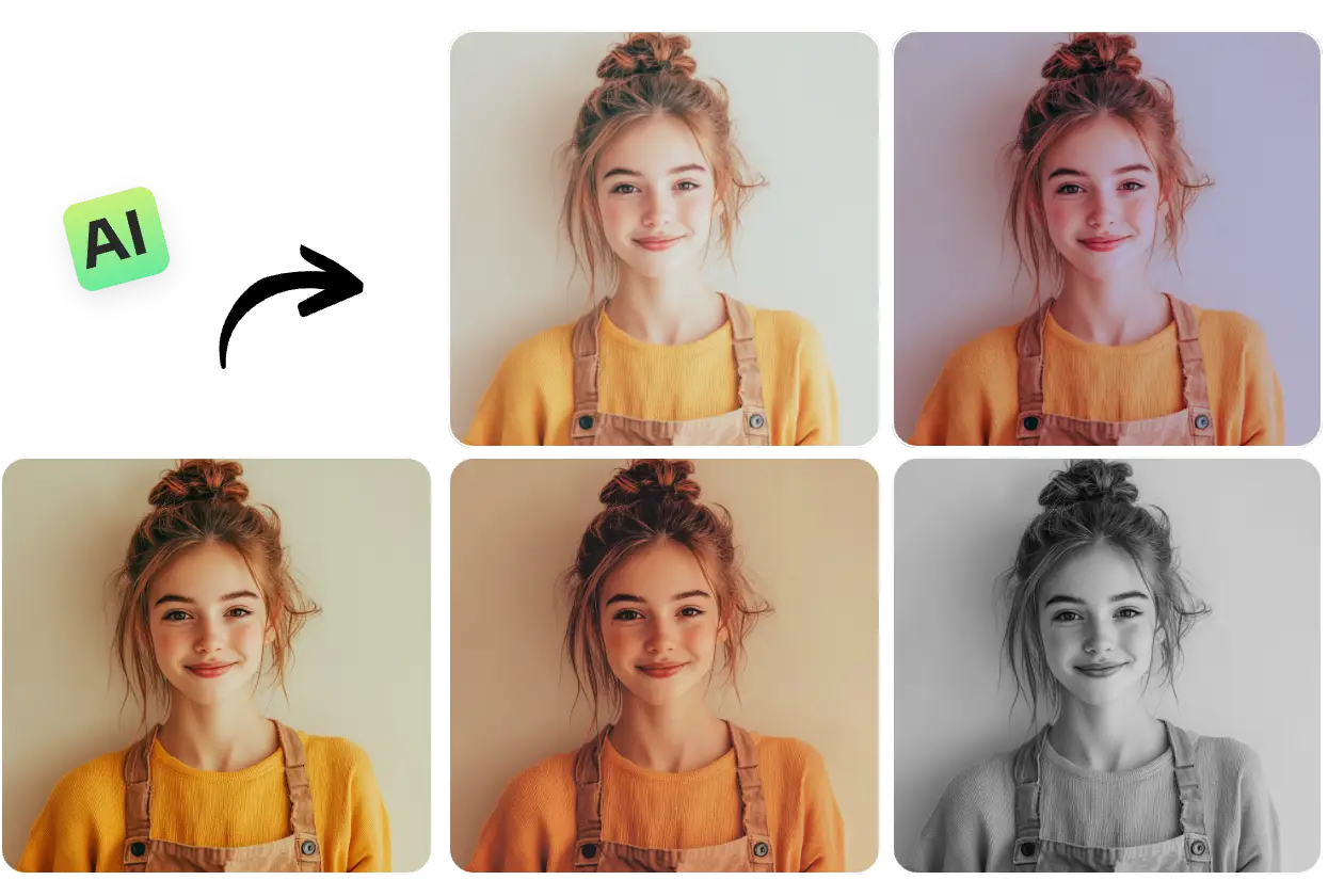 original photo of a girl image and add four different photo effects in aiease