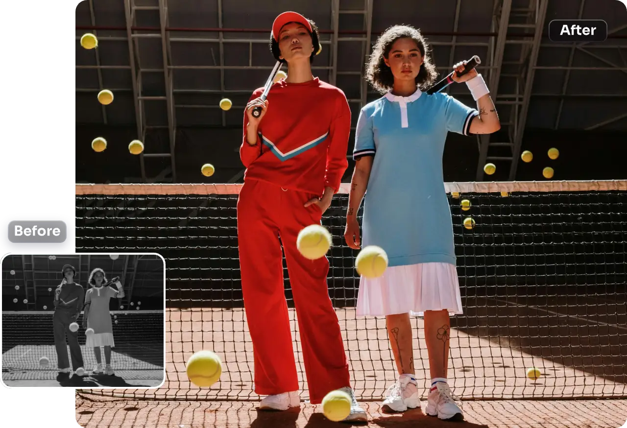 zwei Frauen, die in einer Tennishalle bei schwachem Licht stehen, neu beleuchten