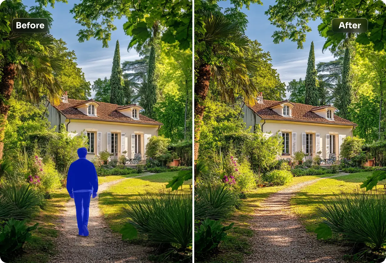 eliminar una persona de una imagen inmobiliaria con fondo de bosque verde