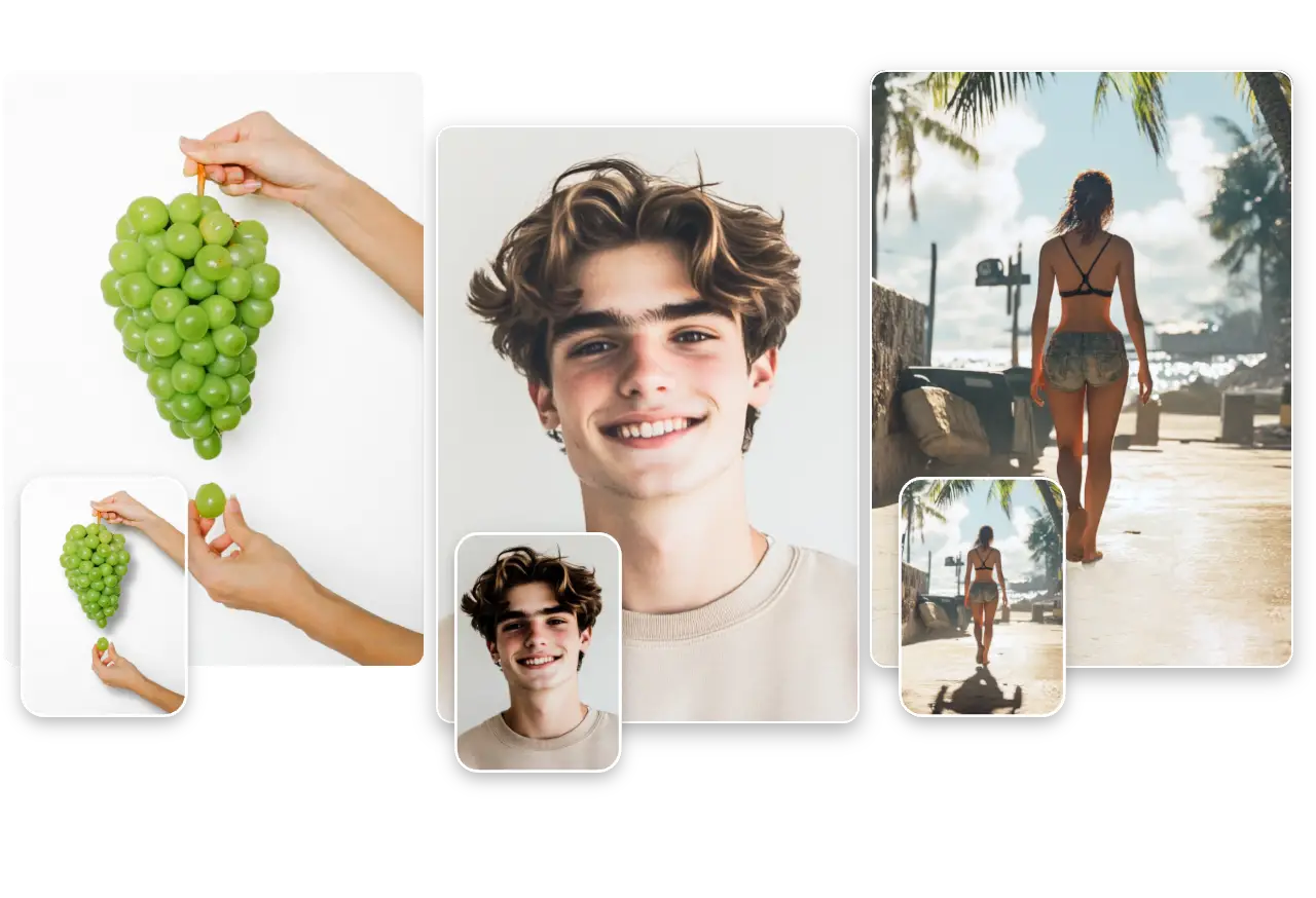 remove shadow from photos of a clutter of grapes a man image and a women photo in swimming dress