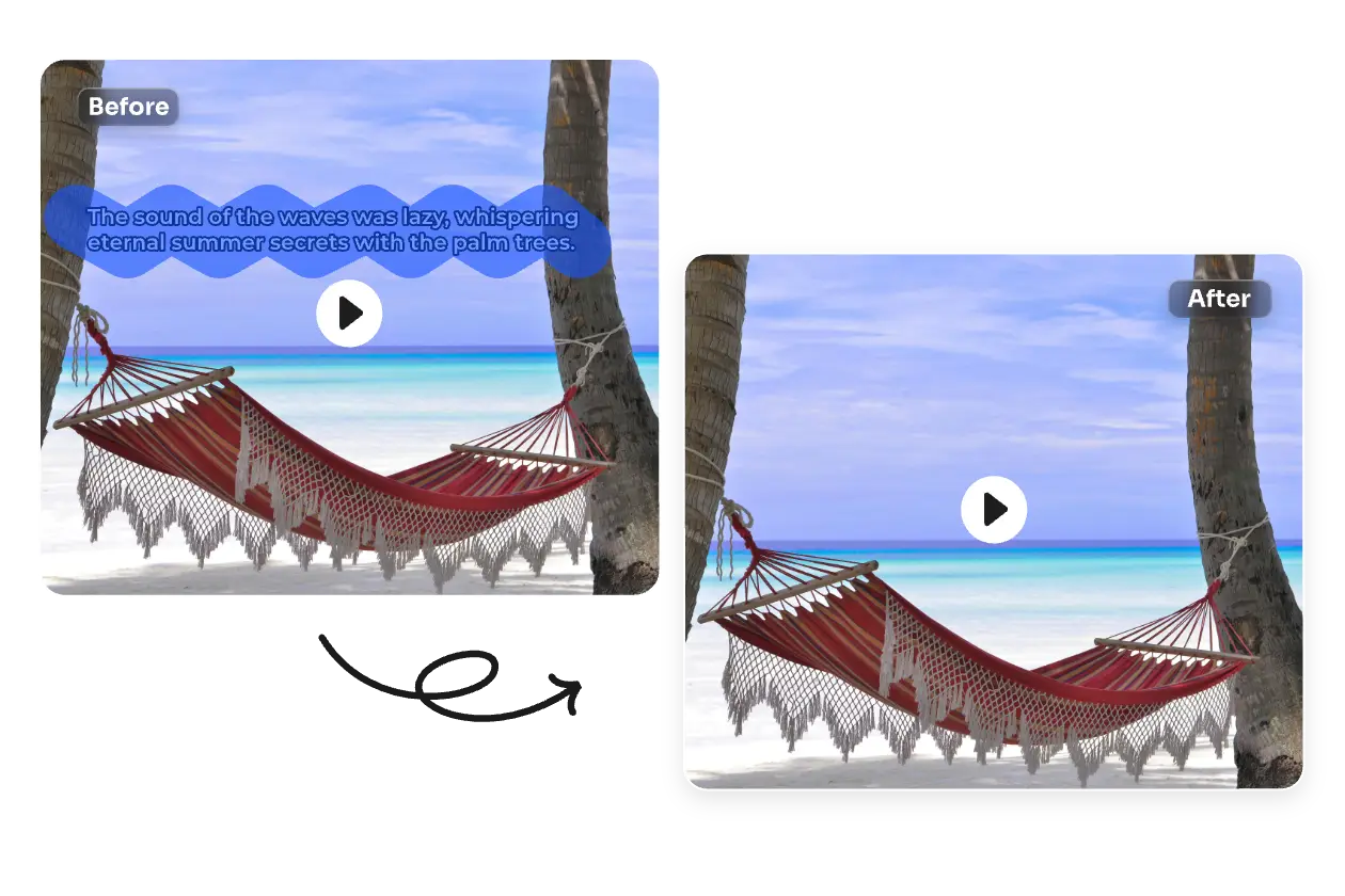 comparación antes y después de eliminar texto de una escena de vídeo en la que aparece una hamaca entre palmeras en una playa