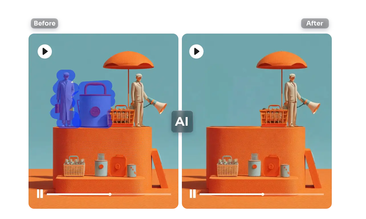 Comparación de la eliminación de objetos AI en vídeo: a la izquierda, antes de la eliminación; a la derecha, después de la eliminación.