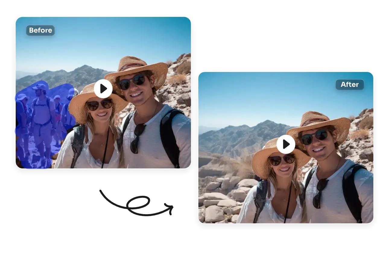 una comparación del antes y el después que muestra la eliminación de personas de un vídeo, en el que se borran excursionistas de la escena de un sendero de montaña.