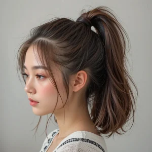 round face female with half-up mini ponytail with volume