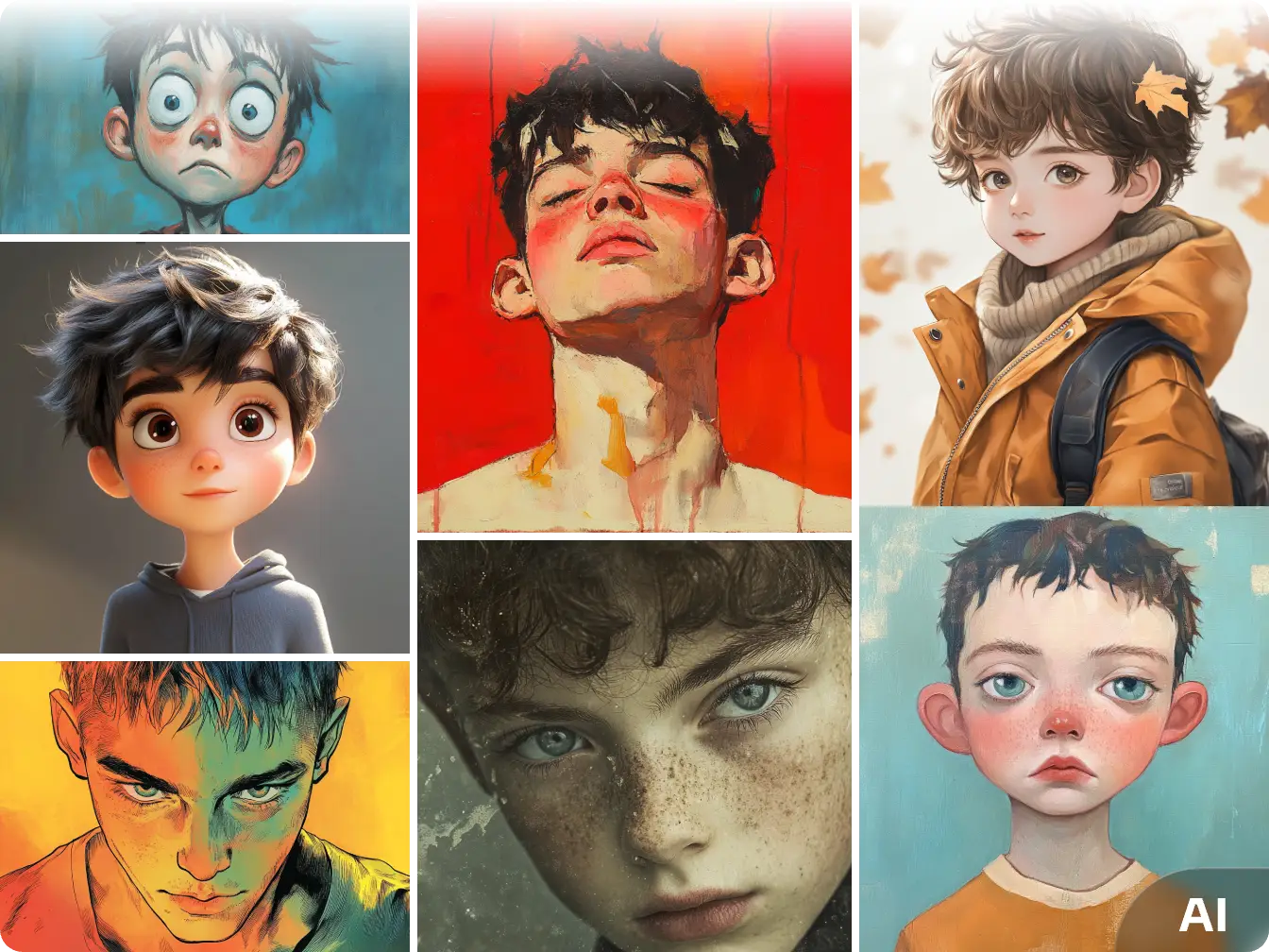 seven ai generated boys of different styles made in aiease ai boy generator