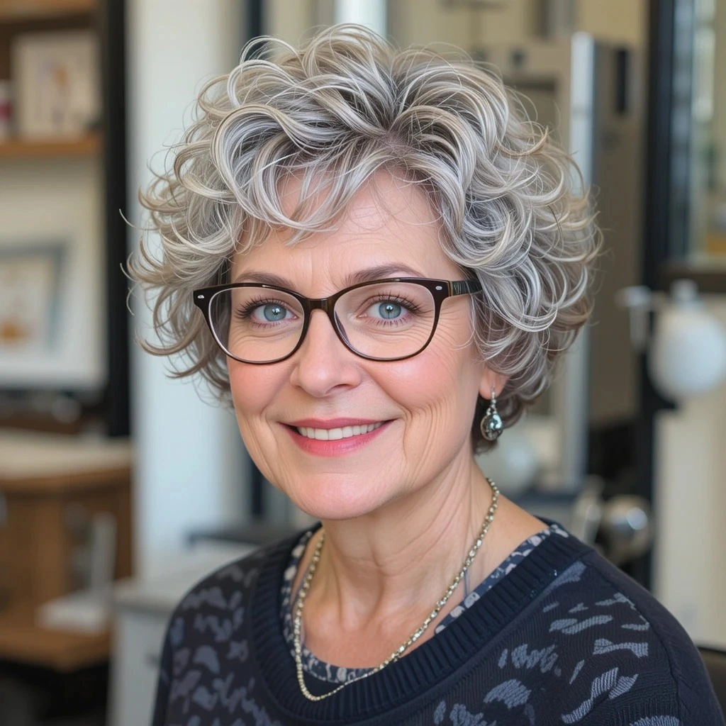 眼鏡をかけた60歳以上の女性のための細い髪のショートヘアスタイル、カーリーショートクロップ
