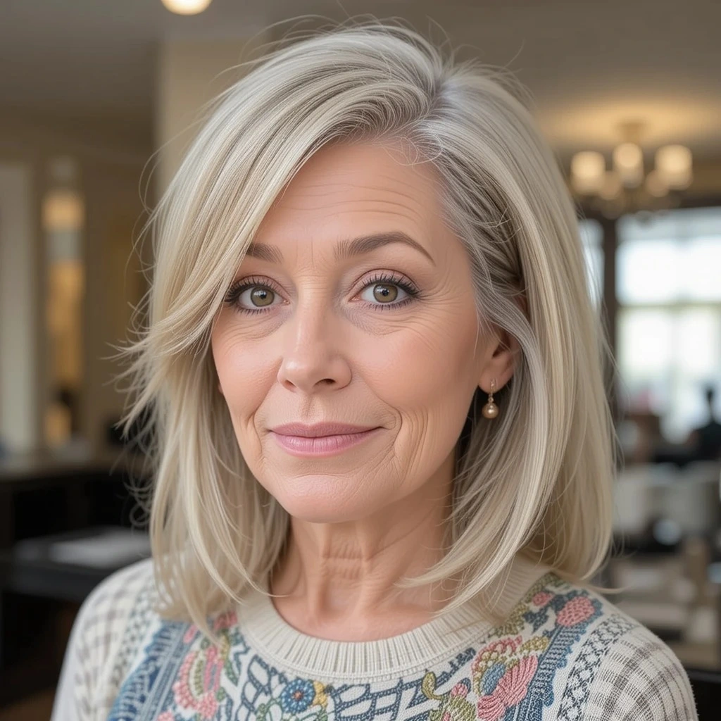 サイドに流した前髪、ミディアムヘアの長さ、60歳以上の女性のためのヘアスタイル
