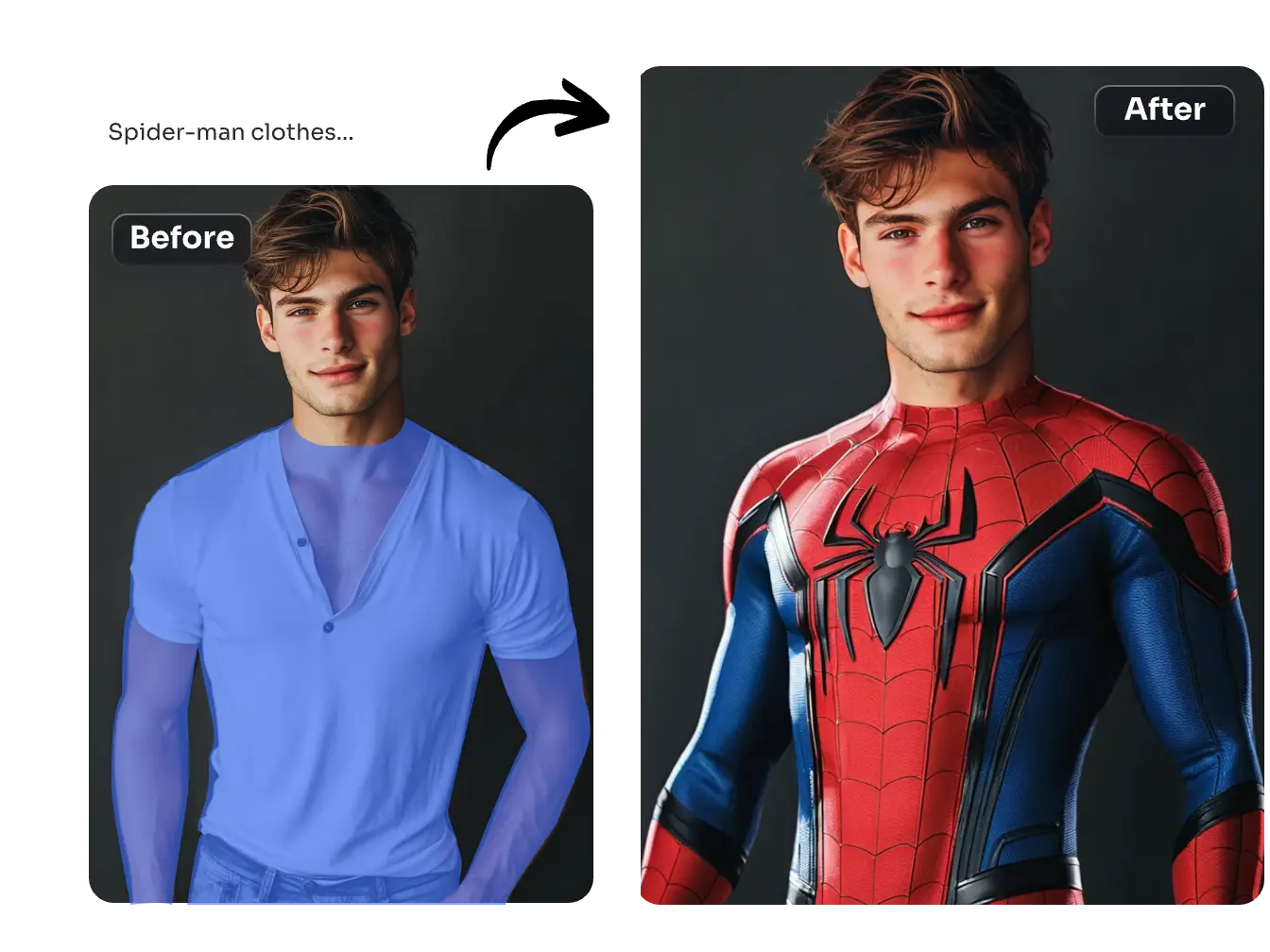 Antes y después de la transformación en el traje de Spiderman con el cambiador de ropa AI
