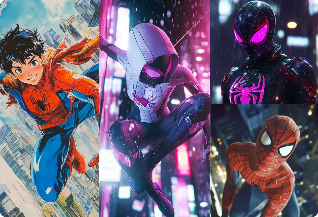 tres diseños de personajes de Spider-Man con distintos trajes