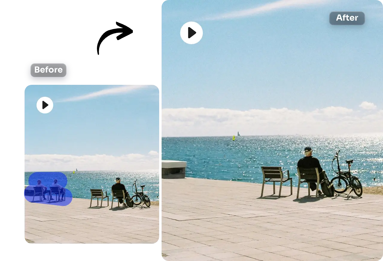 the before and after effect of remove people from video like magic