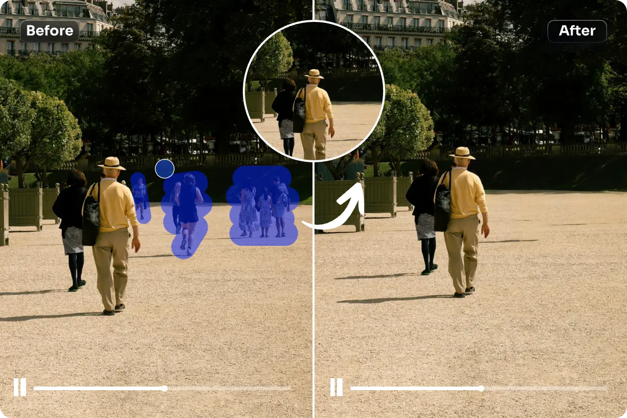 the before and after effect of removing people from video withou blur