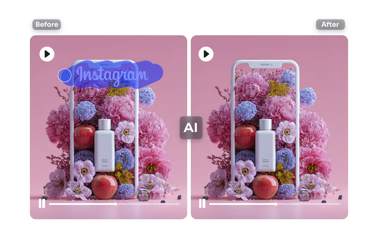 the before and after effect on using ai to remove ins logo from video