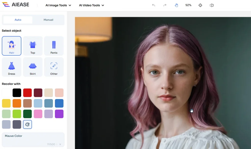 the effect of using ai ease to change hair color to mauve
