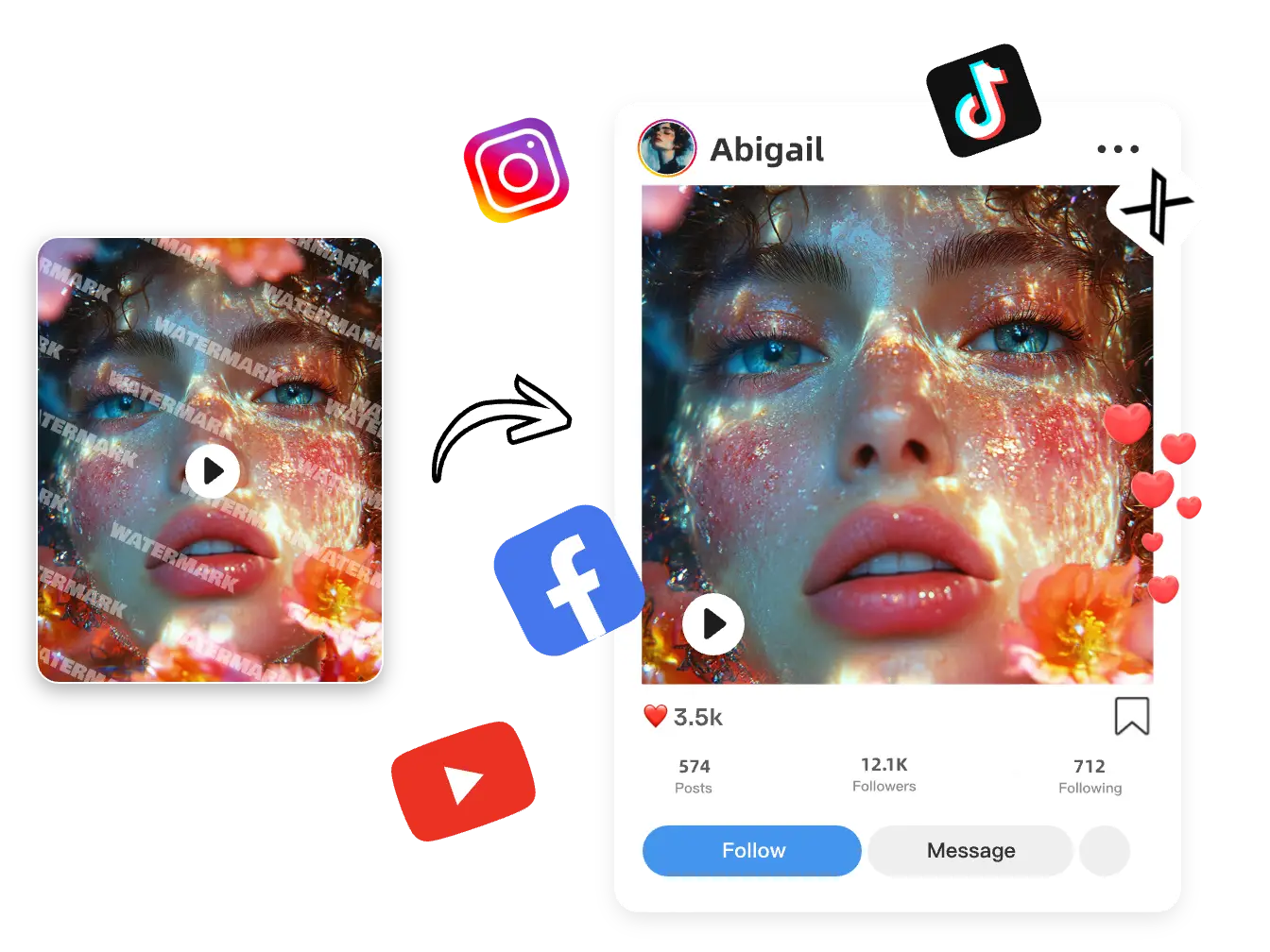 the image of removing logo from video and sharing video on social media