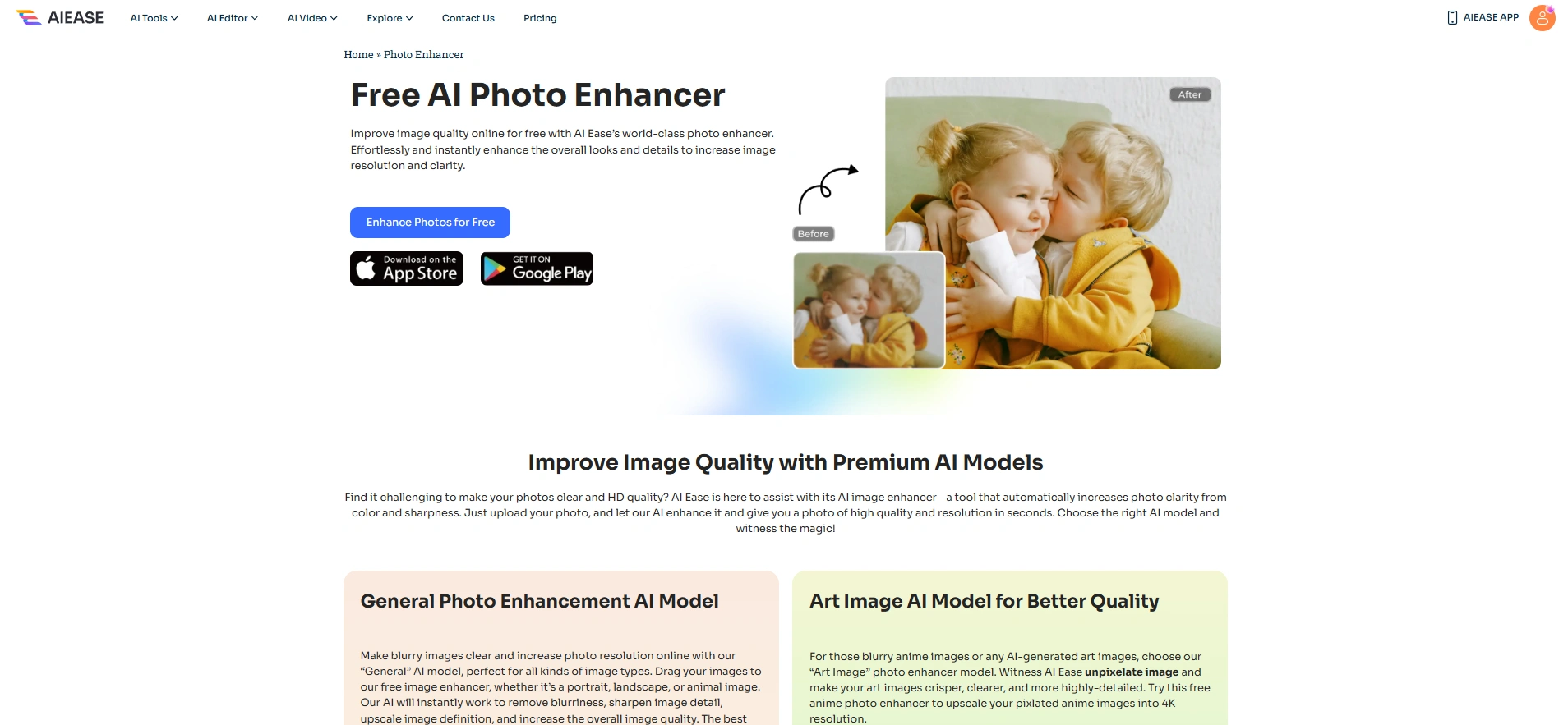 the interface of ai ease free ai photo enhancer