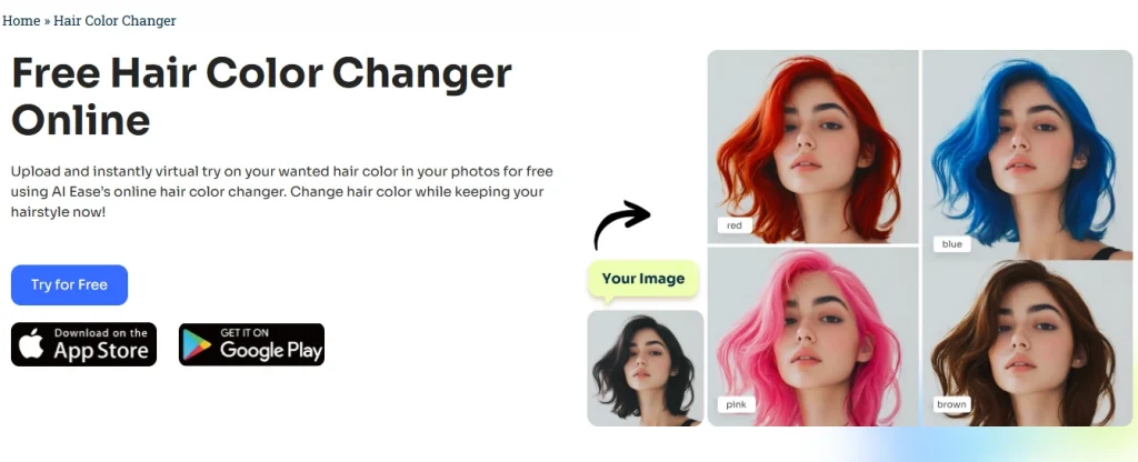 the interface of free hair color changer ai ease