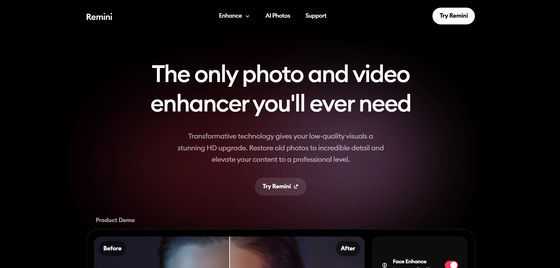 the interface of remini photo enhancer online editor