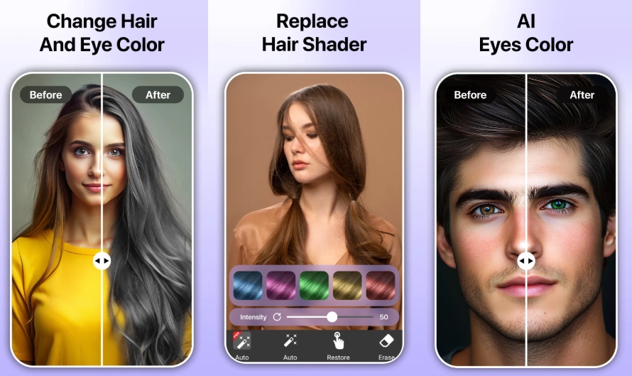 three pictures of change hair and eye color app