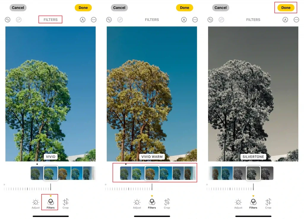 três imagens de como aplicar filtros no iphone