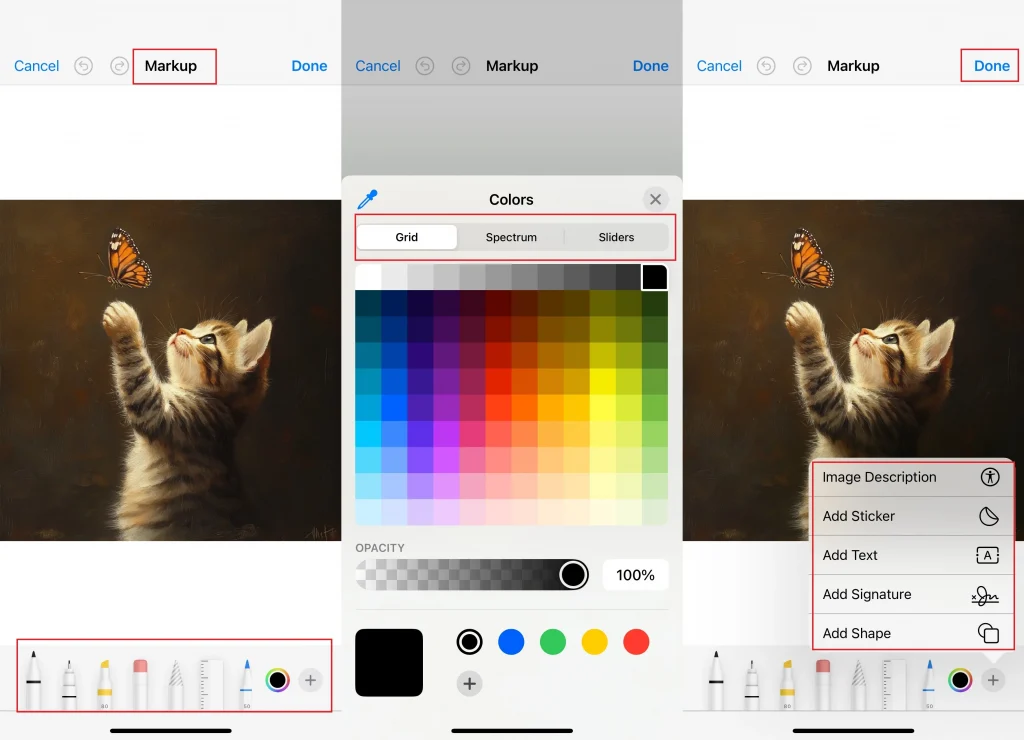 três imagens para apresentar como marcar a imagem no iphone