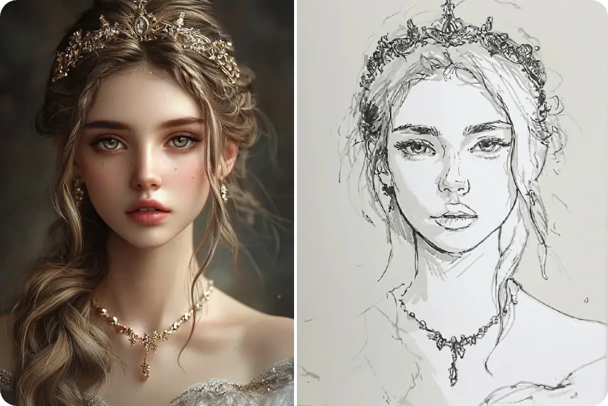 trasformate il ritratto di una ragazza bella ed elegante in un disegno al tratto